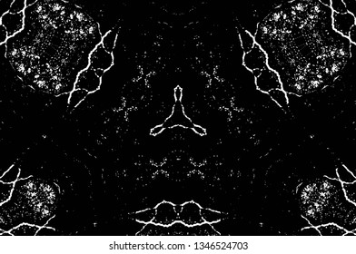 Abstract black and white painted kaleidoscopic background. Futuristic psychedelic hypnotic grunge backdrop pattern with texture. Ethnic floral ornamental mandala. Vintage geometric vector overlay