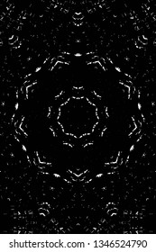 Abstract black and white painted kaleidoscopic background. Futuristic psychedelic hypnotic grunge backdrop pattern with texture. Ethnic floral ornamental mandala. Vintage geometric vector overlay