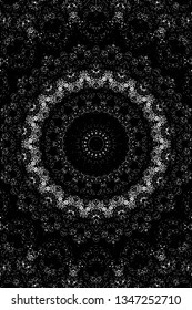 Abstract black and white painted kaleidoscopic background. Futuristic psychedelic hypnotic grunge backdrop pattern with texture. Ethnic floral ornamental mandala. Vintage geometric vector overlay