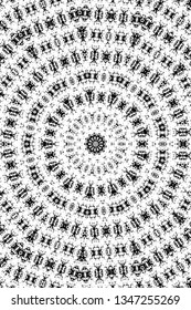 Abstract black and white painted kaleidoscopic background. Futuristic psychedelic hypnotic grunge backdrop pattern with texture. Ethnic floral ornamental mandala. Vintage geometric vector overlay