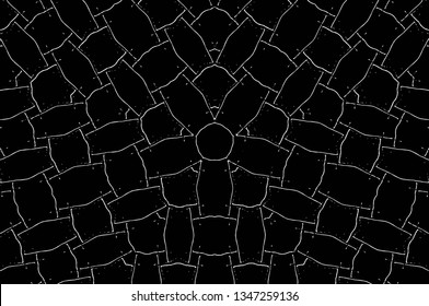Abstract black and white painted kaleidoscopic background. Futuristic psychedelic hypnotic grunge backdrop pattern with texture. Ethnic floral ornamental mandala. Vintage geometric vector overlay