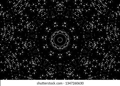 Abstract black and white painted kaleidoscopic background. Futuristic psychedelic hypnotic grunge backdrop pattern with texture. Ethnic floral ornamental mandala. Vintage geometric vector overlay