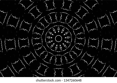 Abstract black and white painted kaleidoscopic background. Futuristic psychedelic hypnotic grunge backdrop pattern with texture. Ethnic floral ornamental mandala. Vintage geometric vector overlay