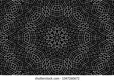 Abstract black and white painted kaleidoscopic background. Futuristic psychedelic hypnotic grunge backdrop pattern with texture. Ethnic floral ornamental mandala. Vintage geometric vector overlay