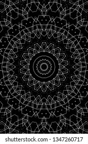 Abstract black and white painted kaleidoscopic background. Futuristic psychedelic hypnotic grunge backdrop pattern with texture. Ethnic floral ornamental mandala. Vintage geometric vector overlay