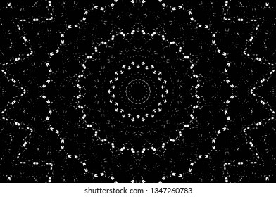 Abstract black and white painted kaleidoscopic background. Futuristic psychedelic hypnotic grunge backdrop pattern with texture. Ethnic floral ornamental mandala. Vintage geometric vector overlay