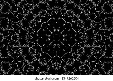 Abstract black and white painted kaleidoscopic background. Futuristic psychedelic hypnotic grunge backdrop pattern with texture. Ethnic floral ornamental mandala. Vintage geometric vector overlay
