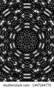 Abstract black and white painted kaleidoscopic background. Futuristic psychedelic hypnotic grunge backdrop pattern with texture. Ethnic floral ornamental mandala. Vintage geometric vector overlay