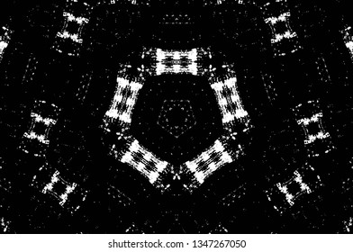 Abstract black and white painted kaleidoscopic background. Futuristic psychedelic hypnotic grunge backdrop pattern with texture. Ethnic floral ornamental mandala. Vintage geometric vector overlay