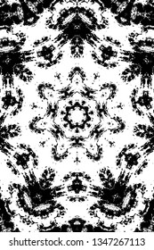 Abstract black and white painted kaleidoscopic background. Futuristic psychedelic hypnotic grunge backdrop pattern with texture. Ethnic floral ornamental mandala. Vintage geometric vector overlay