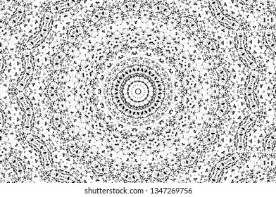Abstract black and white painted kaleidoscopic background. Futuristic psychedelic hypnotic grunge backdrop pattern with texture. Ethnic floral ornamental mandala. Vintage geometric vector overlay