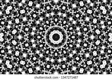 Abstract black and white painted kaleidoscopic background. Futuristic psychedelic hypnotic grunge backdrop pattern with texture. Ethnic floral ornamental mandala. Vintage geometric vector overlay