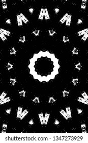 Abstract black and white painted kaleidoscopic background. Futuristic psychedelic hypnotic grunge backdrop pattern with texture. Ethnic floral ornamental mandala. Vintage geometric vector overlay