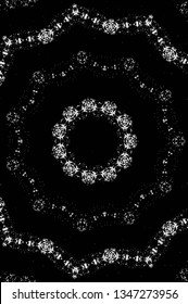 Abstract black and white painted kaleidoscopic background. Futuristic psychedelic hypnotic grunge backdrop pattern with texture. Ethnic floral ornamental mandala. Vintage geometric vector overlay