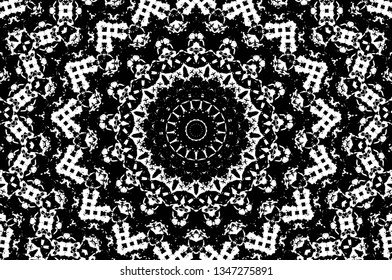Abstract black and white painted kaleidoscopic background. Futuristic psychedelic hypnotic grunge backdrop pattern with texture. Ethnic floral ornamental mandala. Vintage geometric vector overlay