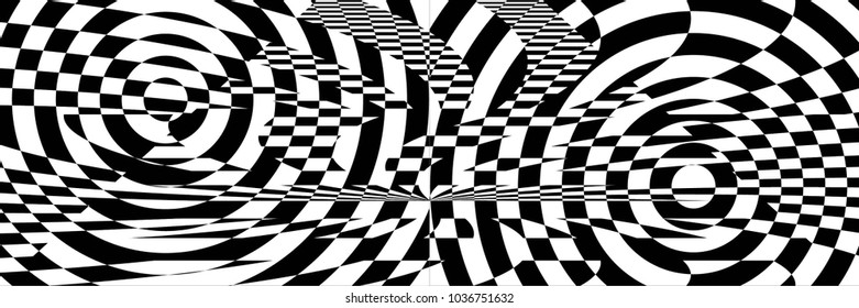 Abstract Black and White Panoramic Geometric Pattern with Circles. Contrasty Optical Psychedelic Illusion. Spiral Wicker Structural Texture. Vector Illustration
