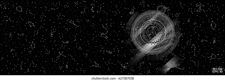 Abstract Black and White Panoramic Sky Map of Hemisphere. Constellations on Night Dark Background with Futuristic Optical Interface. Vector Illustration