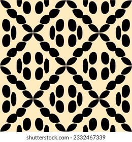 Abstract black and white pattern adorns a beige background, forming a repeating fabric design. It showcases elements of art deco style.