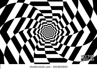 Abstract Black and White Pattern with Chessboard. Hexagonal Tunnel. Polygonal Texture of the Corridor in Perspective. Vector. 3D Illustration