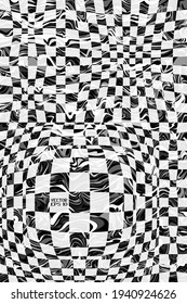 Abstract Black and White Pattern with Chessboard. Contrasty Optical Psychedelic Illusion. Smooth Wavy Surface Checkered. Vector. 3D Illustration