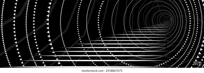Abstract Black and White Pattern with Circles and Ladder. Spiral Round Tunnel. Geometric Psychedelic Texture in Perspective. Vector. 3D Illustration