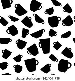 Abstract black and white pattern with cups of tea for fabric design. Illustration seamless pattern wallpaper background. Seamless fabric texture. Abstract vector background.