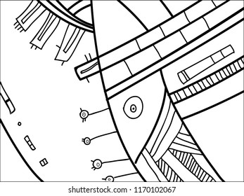 Abstract black and white pattern with doodles. Vector background for poster, postcard, backdrop. Illustration with abstract composition template. Psychedelic doodle graphic with lines, circles.