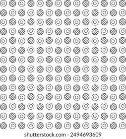 Abstract black and white pattern featuring circles and dots.