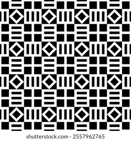 An abstract black and white pattern featuring geometric shapes arranged in a repetitive grid layout, blending modern design with classic contrast.