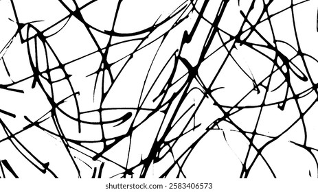 An abstract black and white pattern featuring chaotic, intertwining lines and strokes on a white background, creating a dynamic and energetic visual effect.