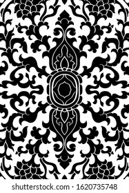 Abstract black and white pattern. Floral filigree ornament. Eastern template for wallpaper, textile, shawl, carpet.