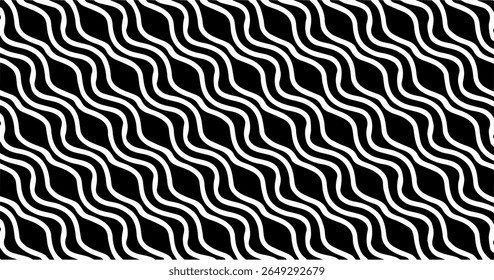 Abstrato padrão preto e branco com linhas onduladas fluindo, criando movimento e profundidade com um ritmo visual hipnótico.