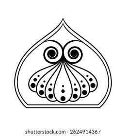 Abstract black and white pattern with hand drawn geometric water drop shapes inspired by traditional ornamental motifs.