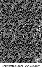 Abstract Black and White Pattern with Leaves. Ornamental Striped Texture. Psychedelic Wallpaper. Vector Illustration