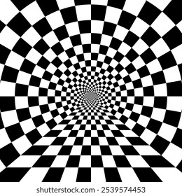 Abstract black and white pattern 
like tunnel. Optical illusion with checkered circle in perspective.