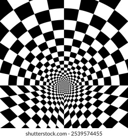 Abstract black and white pattern 
like tunnel. Optical illusion with checkered circle in perspective.