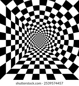 Abstract black and white pattern 
like tunnel. Optical illusion with checkered circle in perspective.