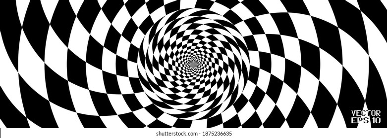 Resumen del patrón blanco y negro con espiral. Contrastante Ilusión Psicodélica Óptica del Túnel. Líneas suaves y tablero de ajedrez en perspectiva sobre fondo blanco. Vector. Ilustración 3D