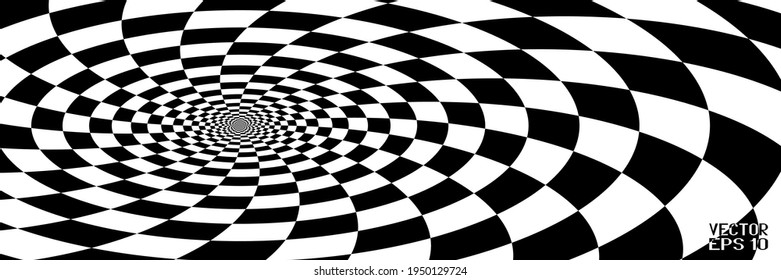 Abstract Black and White Pattern with Spiral. Contrasty Optical Psychedelic Illusion of Tunnel. Smooth Lines and Chessboard in Perspective on White Background. Vector. 3D Illustration