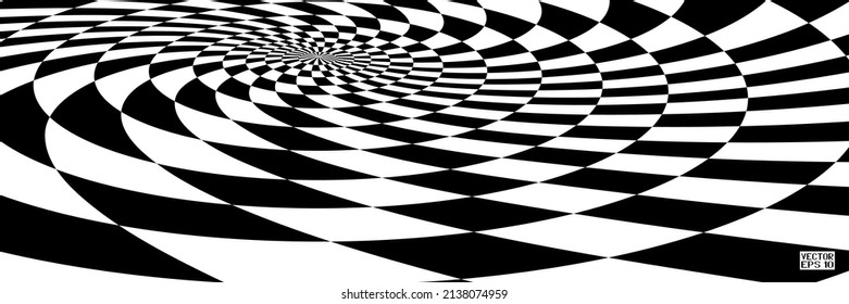 Abstract Black and White Pattern with Squares. Contrasty Optical Psychedelic Illusion. Smooth Checkered Spiral and Chessboard in Perspective. Vector. 3D Illustration