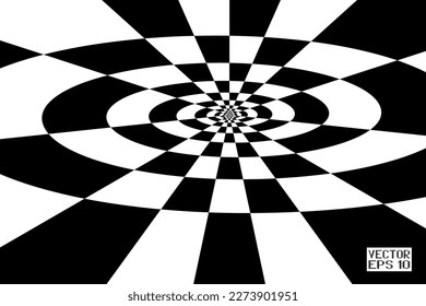 Abstract Black and White Pattern with Squares. Contrasty Optical Psychedelic Illusion. Smooth Checkered Spiral and Chessboard in Perspective. Vector. 3D Illustration