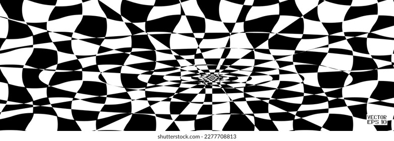 Resumen del patrón blanco y negro con cuadrados. Ilusión psicodélica contrastante. Espiral de cuadros suaves y tablero de ajedrez en perspectiva. Vector. Ilustración 3D