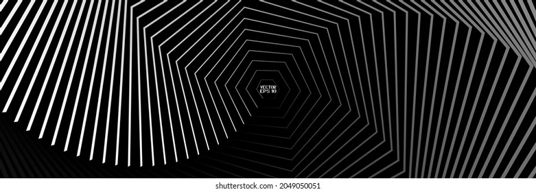 Abstract Black and White Pattern with Stairs. Spiral Hexagonal Tunnel. Geometric Psychedelic Background. Vector. 3D Illustration