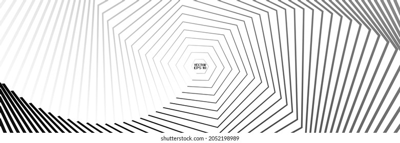 Abstract Black and White Pattern with Stairs. Spiral Hexagonal Tunnel. Geometric Psychedelic Background. Vector. 3D Illustration