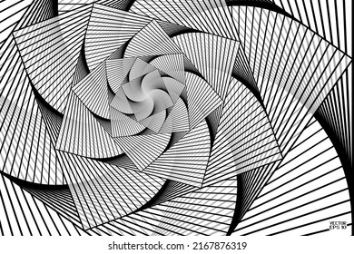 Abstract Black and White Pattern with Stairs. Spiral Square Wave. Geometric Psychedelic Background. Vector. 3D Illustration