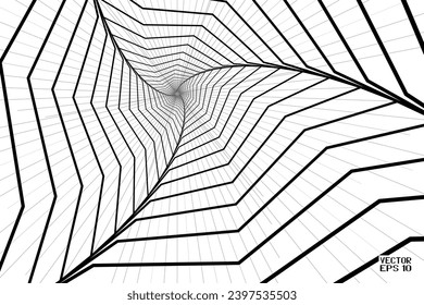 Abstract Black and White Pattern with Stairs. Banner of Polygonal Texture Octagon Tunnel. Geometric Psychedelic Background. Vector. 3D Illustration