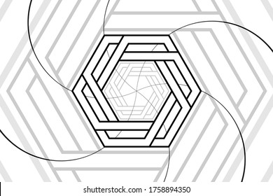 Abstract Black and White Pattern with Stripes. Hexagonal Tunnel. Contrasty Optical Psychedelic Illusion. Vector. 3D Illustration