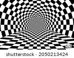 Abstract Black and White Pattern with Tunnel. Contrasty Optical Psychedelic Illusion. Smooth Checkered Spiral and Chessboard in Perspective. Vector. 3D Illustration