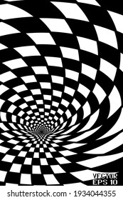 Abstract Black and White Pattern with Tunnel. Contrasty Optical Psychedelic Illusion. Smooth Spiral Chessboard. Vector. 3D Illustration