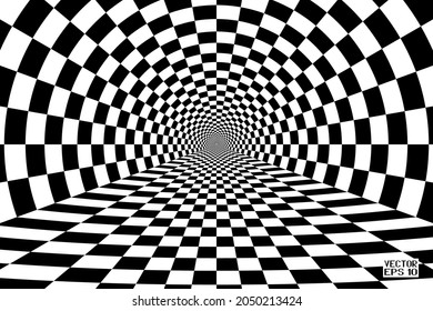 Abstract Black and White Pattern with Tunnel. Contrasty Optical Psychedelic Illusion. Smooth Checkered Spiral and Chessboard in Perspective. Vector. 3D Illustration